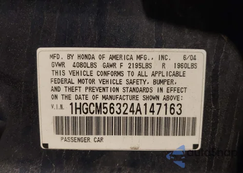 2004 Honda Accord 2.4 Lx из США, поврежденный, VIN 1HGCM56324A147163